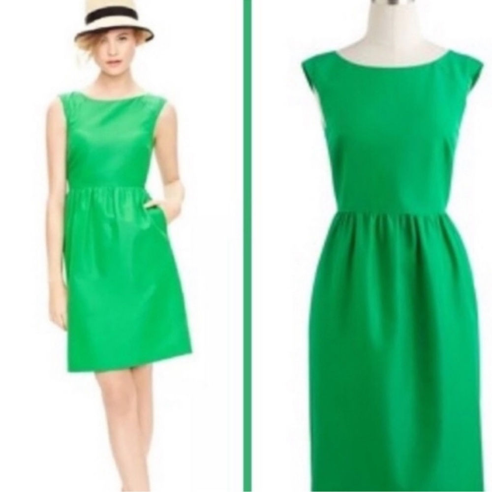 J Crew Lucille Dress Kelly Green Silk Cotton Blend With Pockets Size 10